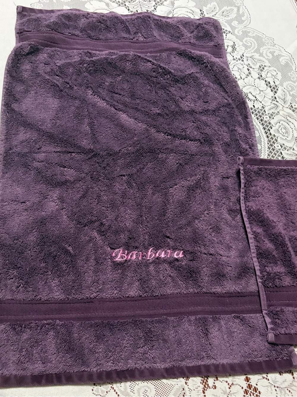 Plush Purple Hand towel with Barbara Embroidery & washcloth